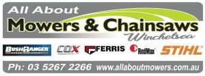 All About Mowers and Chainsaws Logo with Suppliers Logos
